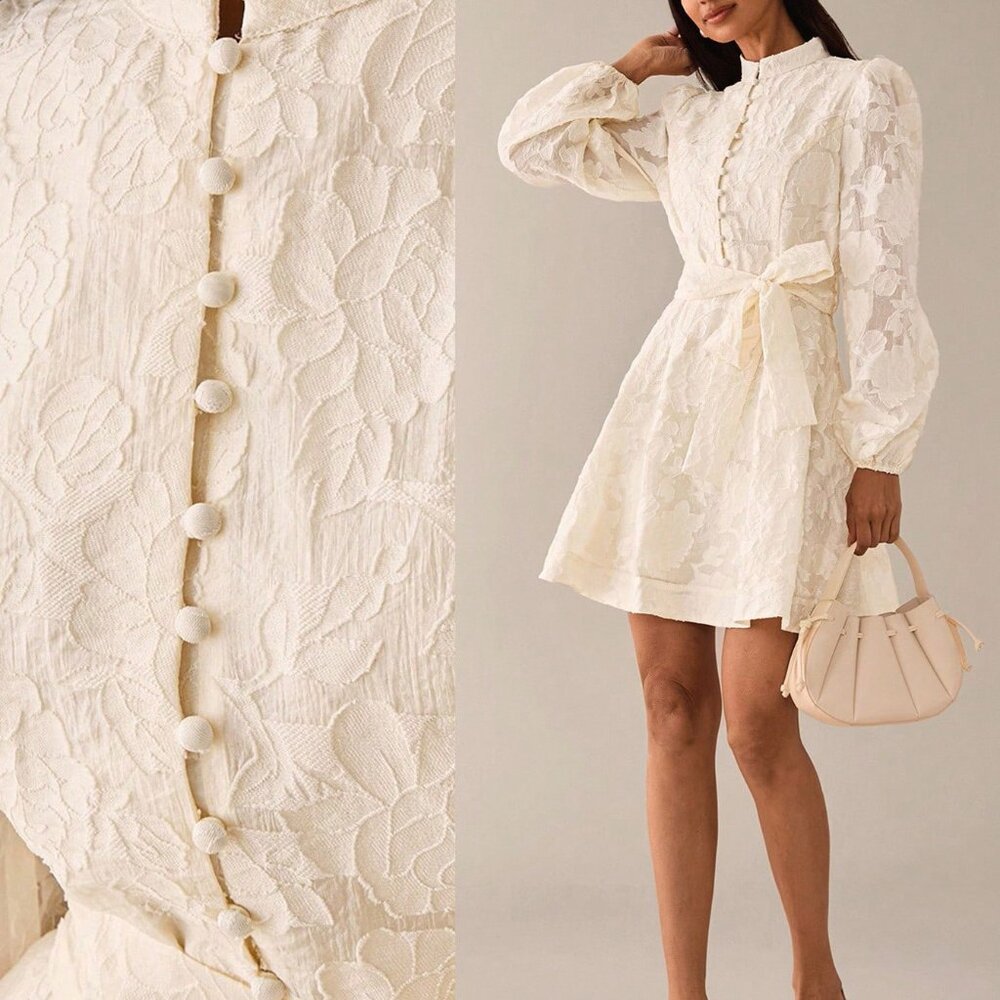 Beige Elegant Women's Jacquard A-Line Dress With Cinched Waist And Puff Sleeves